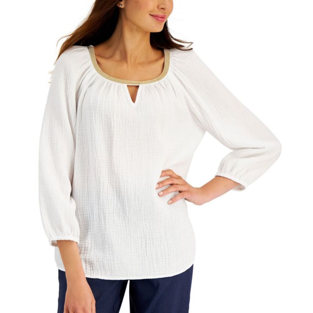 JM Collection Petite Beaded Keyhole Top